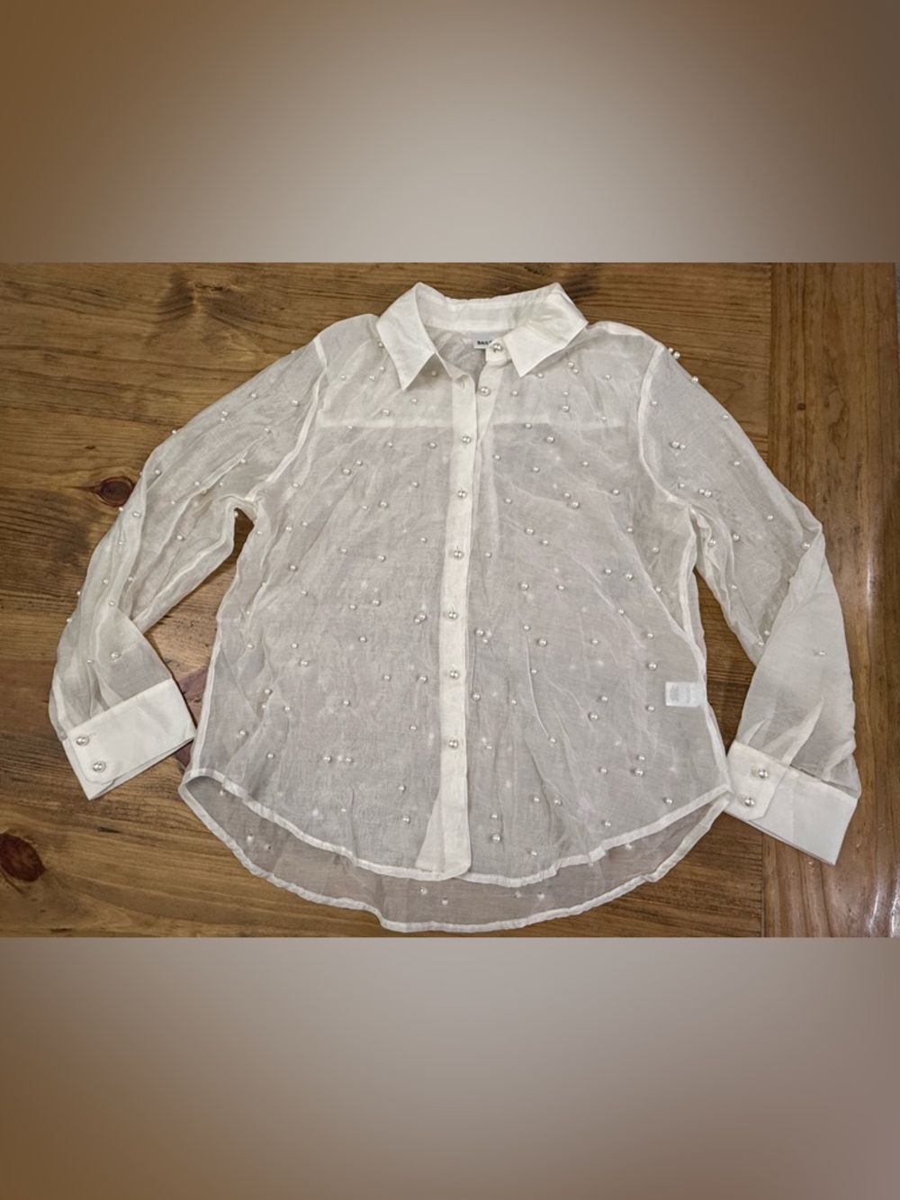 Bailey 44 Sheer White Faux Pearl Studded Blouse Large